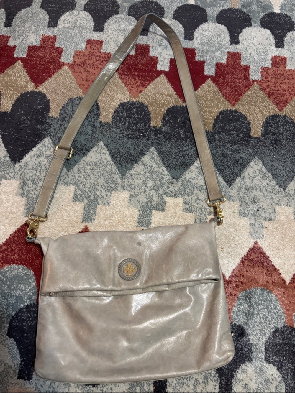 Tory Burch Metallic Taupe Crossbody Shoulder Bag with Logo Medallion